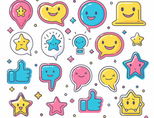 a bunch of different colored speech bubbles and stars