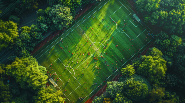 An overhead perspective of a soccer field surrounded by lush trees, showcasing the green pitch against a backdrop of dense foliage.