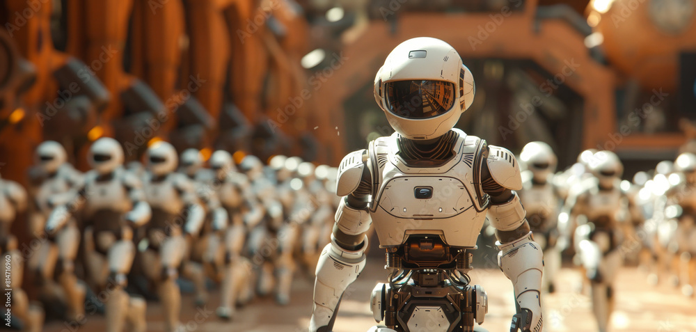 Leinwandbilder a robot confidently striding through a cluster of other robots in a busy setting.