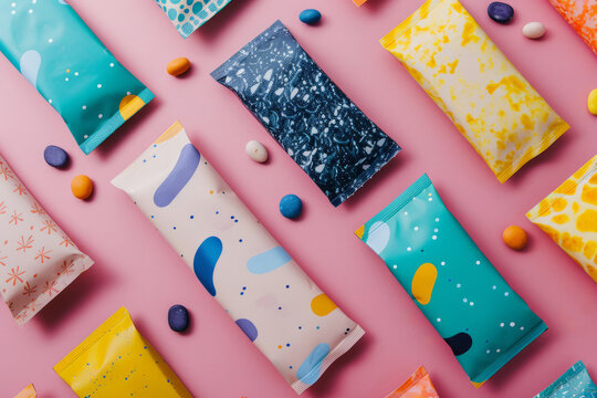 Overhead flat lay view of energy protein bar or chocolate bar snack packaging template design