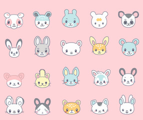 a bunch of cartoon animals on a pink background