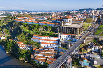 Aerial view of historic landmark Monastery of Serra do Pilar at sunny day, Porto District, Portugal