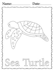 Sea Turtle Coloring Page. Printable Coloring Worksheet for Kids. Educational Resources for School and Preschool.