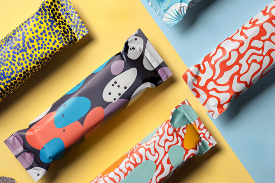 Overhead flat lay view of energy protein bar or chocolate bar snack packaging template design