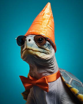 Cool tortoise wearing sunglasses and orange party hat and orange bow tie on solid teal background. Minimal birtday card design