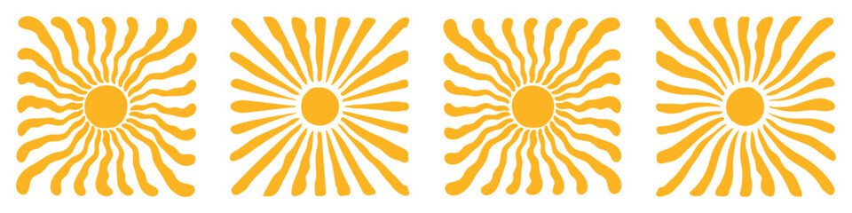 Groovy retro abstract sun backgrounds. Organic doodle shapes in trendy naive hippie 60s 70s style.  Square wavy vector illustration in yellow colors.Contemporary poster print banner template. eps 10