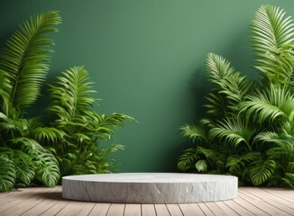 Fototapeta premium Product background, light marble pedestal and tropical plants in the background 