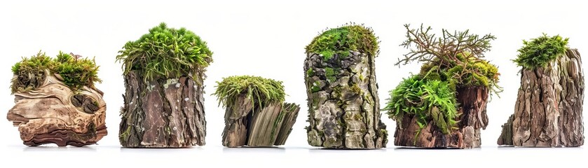Set of 6 different moss covered tree stumps isolated on white background.