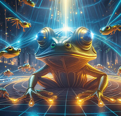 a poster with a frog and a futuristic poster with eyes and other frogs