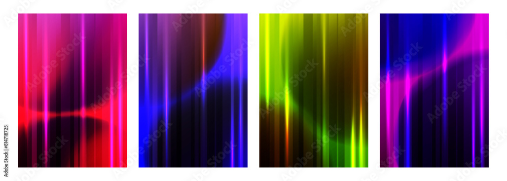 Poster Set of defocused abstract backgrounds with vertical dynamic glowing lines and round shapes. Futuristic blurred vibrant color gradients for creative graphic design. Vector illustration.