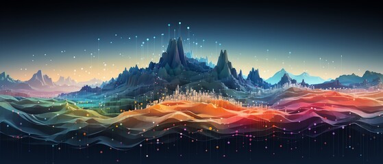 Fototapeta premium Data Visualization Landscape A mountainous landscape constructed from dots, with varying heights and colors representing data sets, charts, and graphs