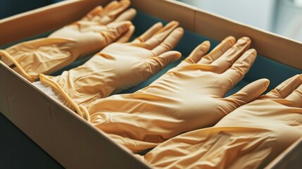 Disposable medical gloves, in a box, sterile.