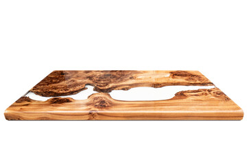 Live edge elm burl slab table top with central epoxy resin river on white background, perspective...