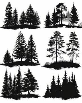A set of six black and white vector illustrations of coniferous trees.