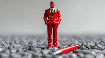Red Character with a Pencil Standing on a White Background - Powered by Adobe
