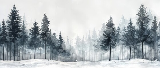 Abstract winter forest scene in watercolor, with stark black trees against a snowy white and gray background