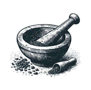 recommend clip art: The traditional mortar hand drawn. Black white vector logo illustration. 