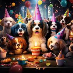 cute dogs with party hats and birthday cupcake