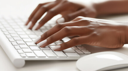 Close-up of hands on a keyboard of a desktop computer or laptop being used by an office worker while working in a corporate business workplace, stock illustration image