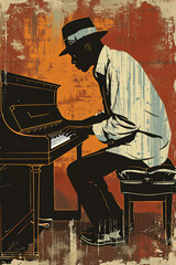 Afro-American male jazz musician pianist playing a piano in a vintage abstract distressed style painting background for a poster or flyer, stock illustration image