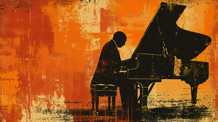 Male jazz or classical musician pianist playing a piano in a vintage abstract distressed style painting background for a poster or flyer, stock illustration image