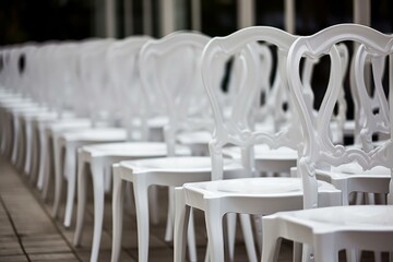 Close-up of aligned white chairs with elegant design, arranged for an event