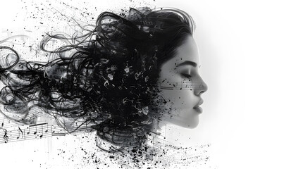 Abstract female profile with musical notes and sheet music elements, ink drawing, white background, double exposure, splattered paint effect, concept art.