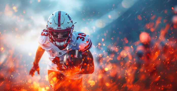 An intense athlete charges forward, holding a football amidst fiery digital effects.