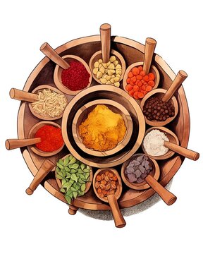 recommend clip art: Wooden mortar assortment flat design top view rustic kitchen theme cartoon drawing analogous color scheme