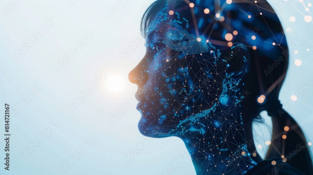 Poster a close-up of a womans head with a network of dots in the background, creating a visually intriguing