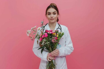 Portrait of  woman doctor nurse stands on a monochromatic background with a bouquet of flowers in her hands, concept for celebrating Doctor's Day, health day

