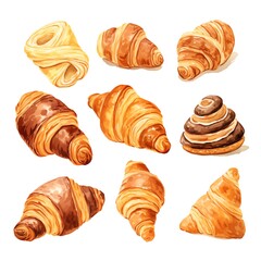 Assorted croissants assortment flat design top view pastry selection theme cartoon drawing analogous color scheme