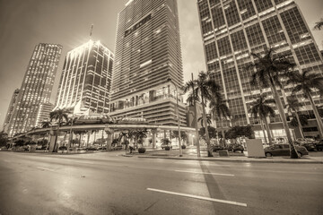 Downtown Miami buildings at sunset from Biscayne Boulevard and Bayfront Park
