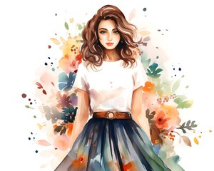 Fashionable woman in floral skirt layout flat design front view date night theme water color triadic color scheme