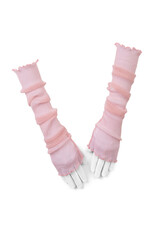 Subject shot of woman's hands in light pink long mittens with lurex. The pair of fingerless gloves is isolated on the white background. Front view.