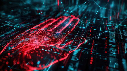 A red digital fingerprint with blue dots is displayed in the foreground against an abstract black background, surrounded by technical drawings and lines of code. 