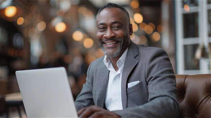Middleaged man in business attire smiling while looking at laptop
