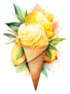 recommend clip art: Mango ice cream layout flat design front view exotic taste theme water color triadic color scheme