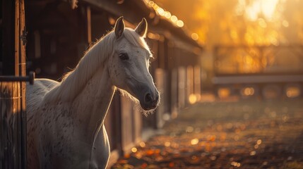 Close-up of a horse looking out from a stable, with a soft focus on the rural backdrop.