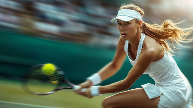 A female tennis player in action as she swings her racket at a tennis ball on the court during a match.