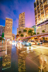 Downtown Miami buildings at sunset from Biscayne Boulevard and Bayfront Park