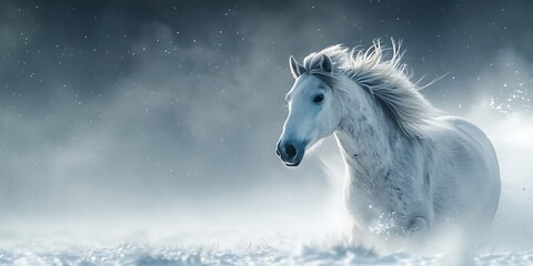 Naklejka premium Beautiful white horse with long mane portrait in winter snowfall
