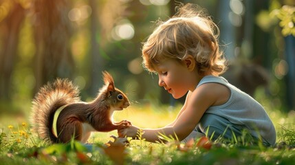 a child plays with a squirrel in the park. selective focus