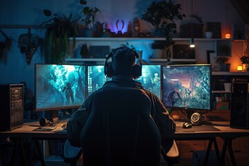 man looking at multiple screens and controls. generative ai