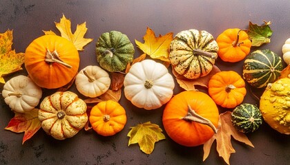 Verschiedene Kürbisse in den Farben Orange, Weiß und Grün auf dunklem Hintergrund, Raum für Text, Pumpkin Art