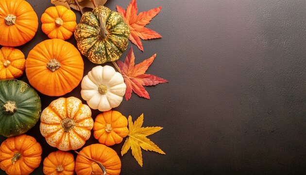 Verschiedene K&uuml;rbisse in den Farben Orange, Wei&szlig; und Gr&uuml;n auf dunklem Hintergrund, Raum f&uuml;r Text, Pumpkin Art