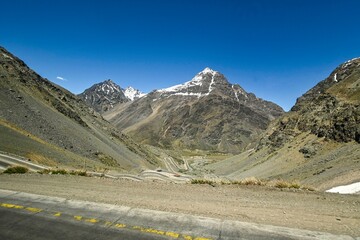View of mountains in the Andes mountain range near Portillo in summer