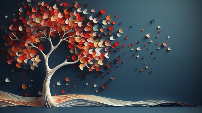 Vibrant Tree with Falling Leaves Against Dark Background