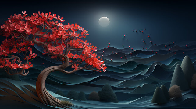 Moonlit Night with Red Tree and Rolling Hills