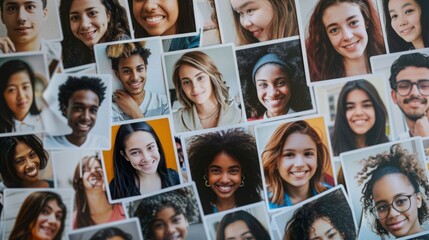 Multiple faces of diverse individuals arranged in a collage on a wall.